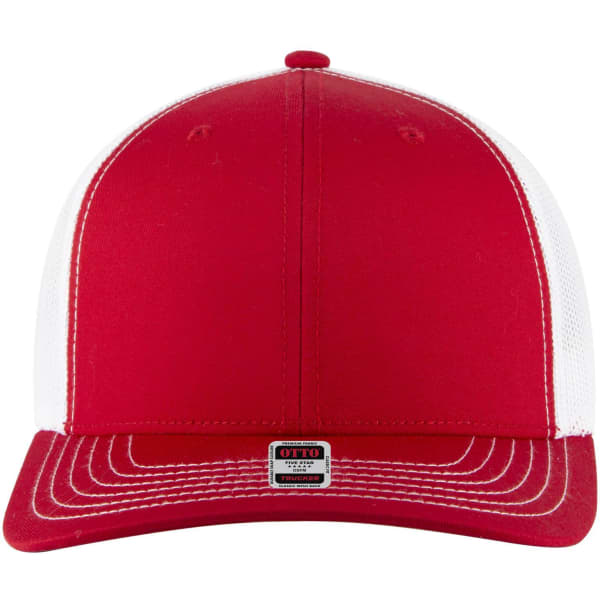 A red and white 6 panel mid-profile trucker cap with a logo on the front.