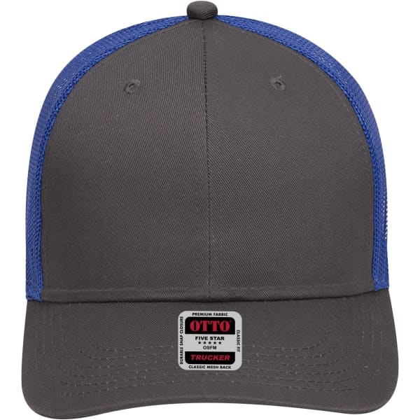 A grey and blue 6 Panel Low Profile Trucker Cap featuring a mesh back and a logo on the front.
