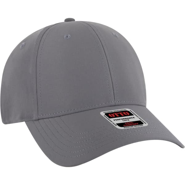 A grey 6-panel low-profile baseball cap with a fitted style and a branded label on the side.