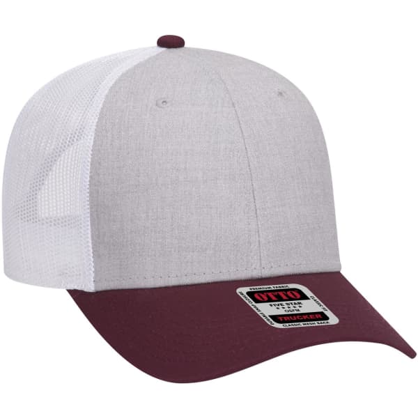 A low-profile trucker cap featuring a grey front and a maroon brim, with a mesh back and a logo on the side.