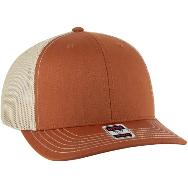 A mid-profile trucker cap featuring a rust orange front and a light beige mesh back. It has a logo on the side.