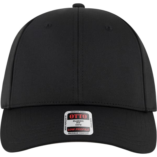 A black 6 panel low profile baseball cap with a branded tag at the front.
