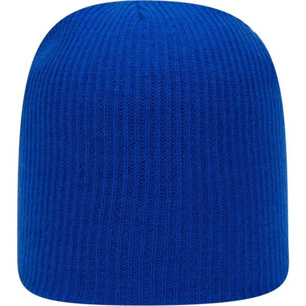 A premium rib knit beanie in a vibrant blue colour, featuring a plain design and a logo.