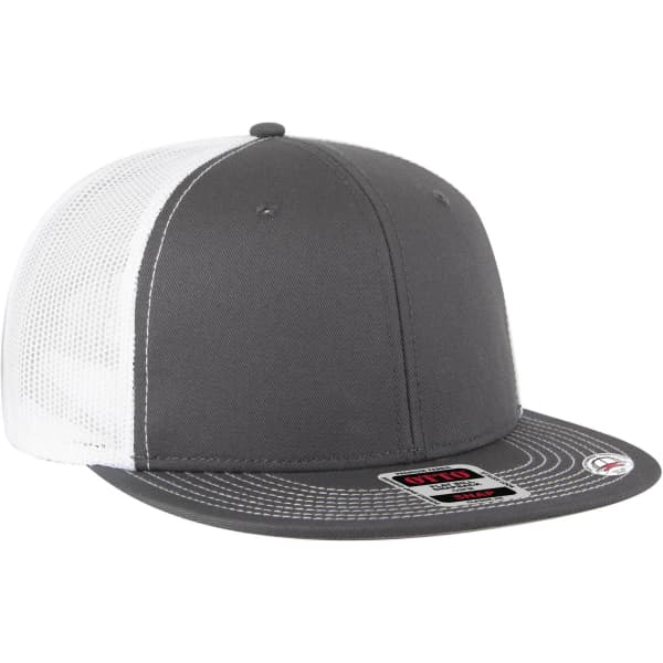A grey and white 6-panel mid-profile trucker cap with a mesh back and a logo on the front.