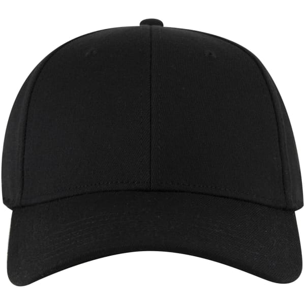 A black 6 panel low profile baseball cap featuring a curved brim and a logo on the front.