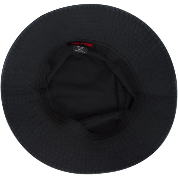 A black bucket hat featuring a wide brim and an inner lining. The hat has a logo inside.