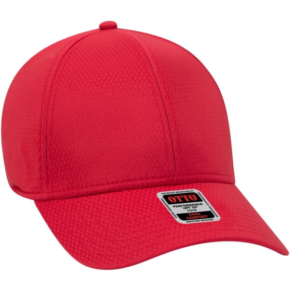 A red UPF 50+ six-panel low profile baseball cap with a logo on the front.