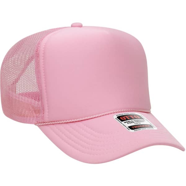 A pink 5 Panel High Crown Trucker Cap with a mesh back and a branded tag.