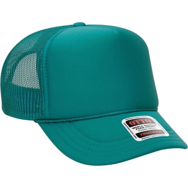 A teal 5 panel high crown trucker cap with a mesh back and a branding label on the side.