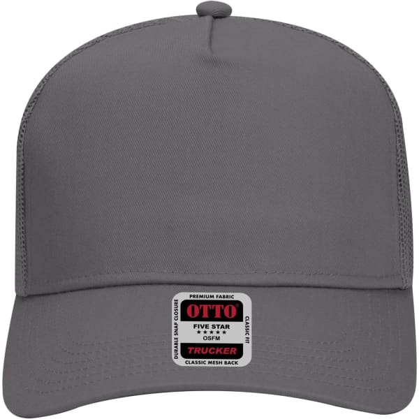 A grey 5-panel mid-profile trucker cap featuring a mesh back and a logo label on the front.