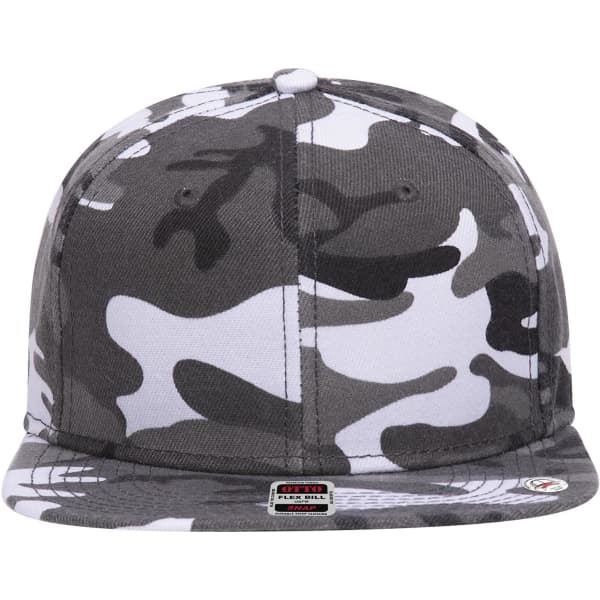 A grey and white camouflage snapback cap featuring a mid-profile design and a logo on the front.
