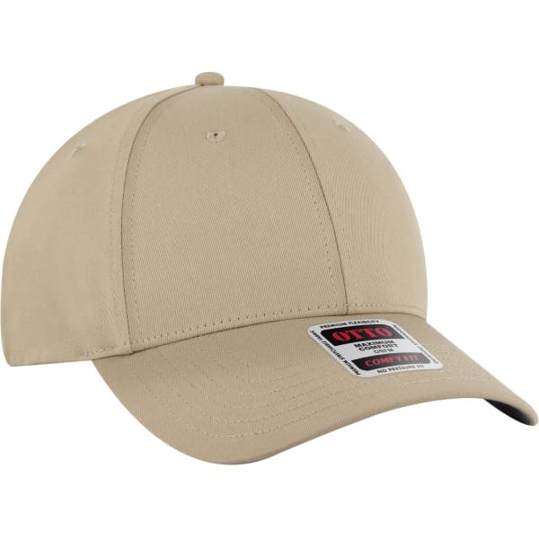 A beige six-panel low profile baseball cap with a curved peak and a logo on the front.
