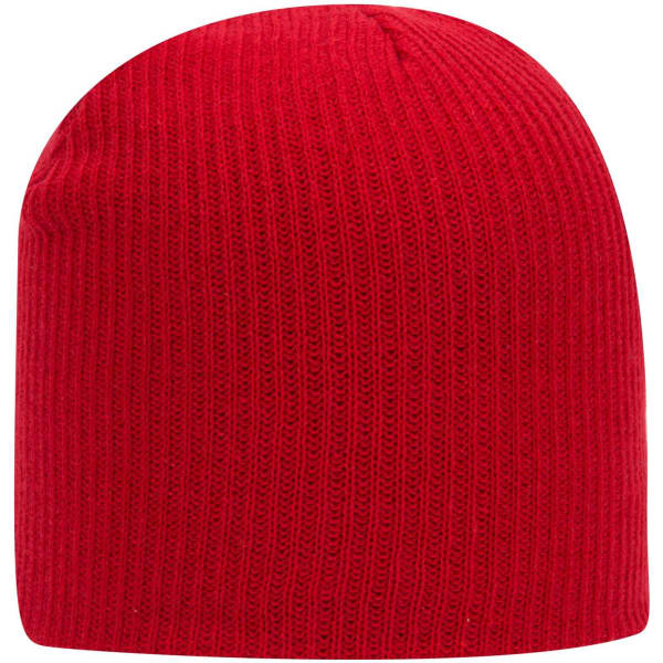 A red premium rib knit beanie with a textured finish and a fitted design.