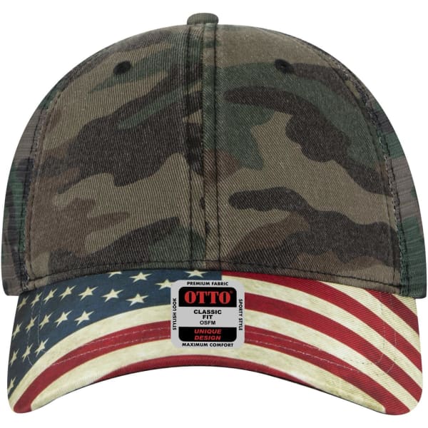 A camo-patterned cap featuring a curved brim with an American flag design, along with a logo on the front.