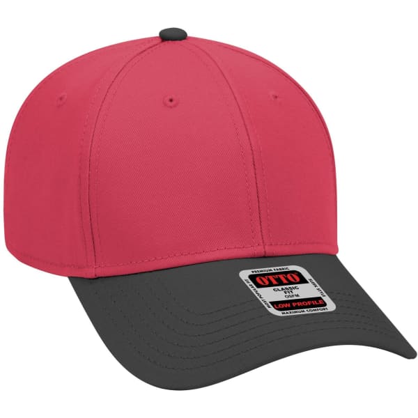 A low profile baseball cap featuring a pink crown and grey brim, with a logo on the front.