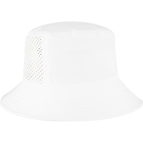 A white bucket hat featuring a mesh panel and a subtle logo on the side.