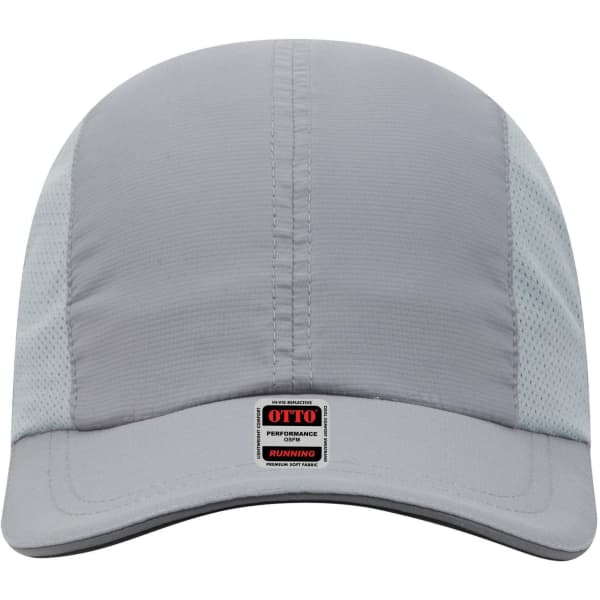 A reflective grey six-panel running cap with a mesh design and a branded label on the front.