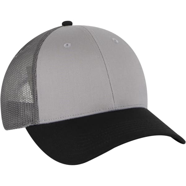 A grey and black 6 panel low profile trucker cap with a mesh back and a logo on the front.