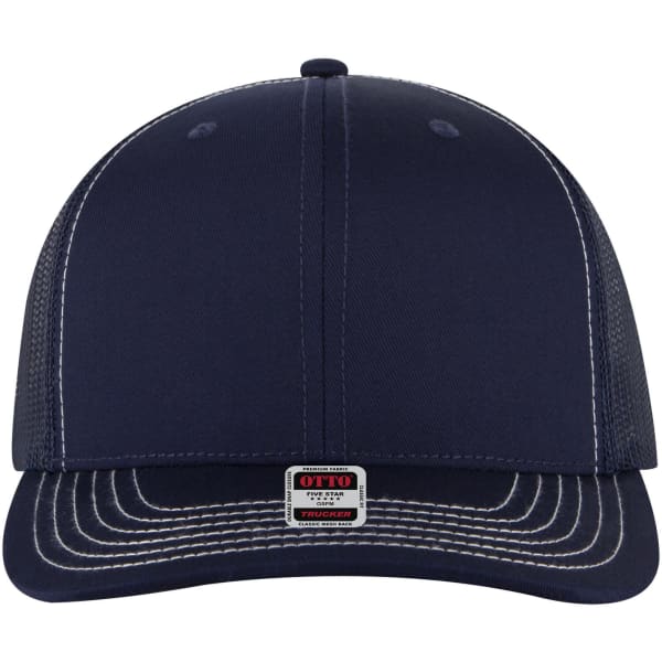 A navy 6-panel mid-profile trucker cap featuring mesh sides and a logo badge at the front.