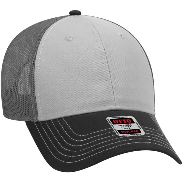 A low profile trucker cap in grey and black with a mesh back and a logo on the front.