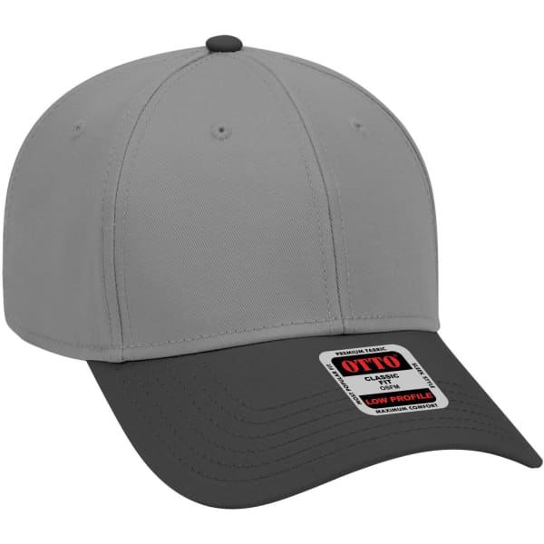 A grey and black 6 panel low profile baseball cap featuring a logo on the front.