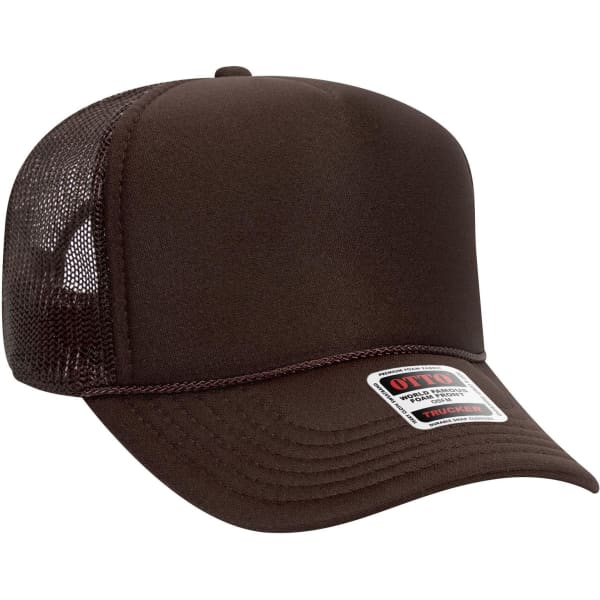 A brown 5 panel mid profile trucker cap featuring a mesh back and a small logo on the front.