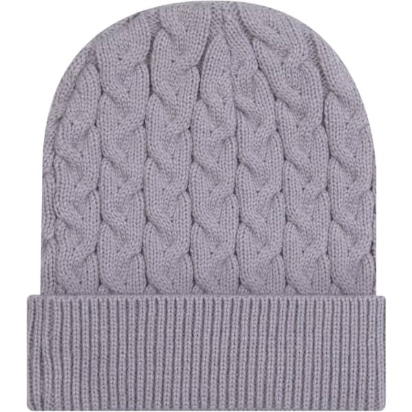 A lilac cable knit beanie featuring a rib knit cuff and an attached logo.