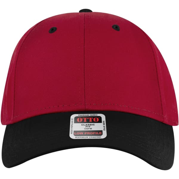 A red and black 6 panel low profile baseball cap with a logo on the front.