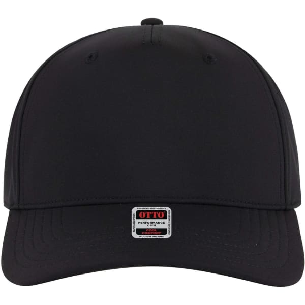 A black five-panel mid-profile style baseball cap with a logo on the front.