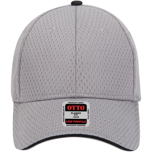 A grey six-panel low profile baseball cap with a branded label at the front and a black visor.