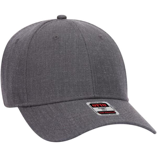 A grey 6-panel low profile baseball cap featuring a logo on the front and a curved brim.