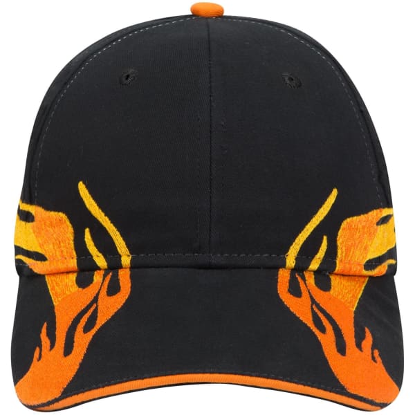 A black baseball cap with orange flame designs and a logo on the front, featuring a low-profile six-panel structure.