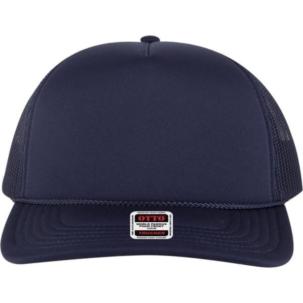 A navy blue 5-panel high crown trucker cap with a branded logo on the front and mesh sides.