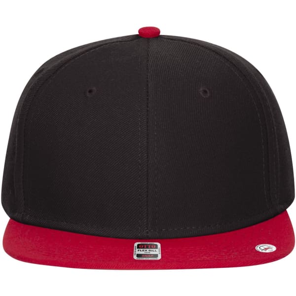 A black snapback cap with a red visor and an insignia on the side.