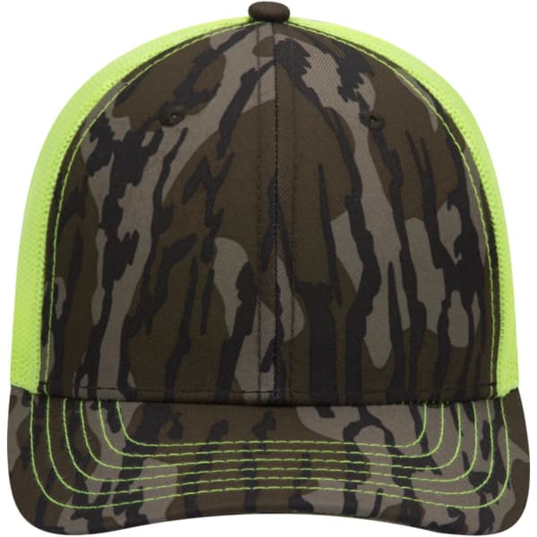 A camo baseball cap in earthy tones with bright green accents and a dedicated logo on the front.