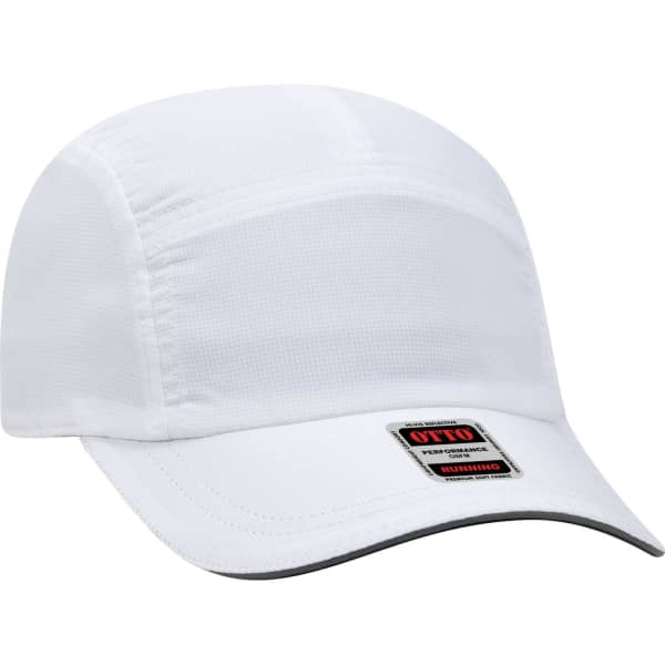 A white reflective five-panel running cap with a black peak and a logo on the front.