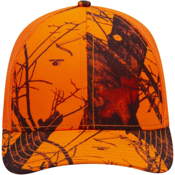 A low-profile baseball cap in bright orange with camouflage patterns and a logo.