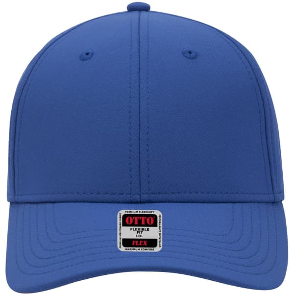 A blue 6-panel low profile baseball cap featuring a logo on the front and flexible fit design.