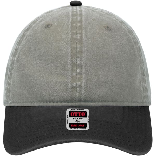 A grey and black 6 panel low profile dad cap with a small logo on the front.