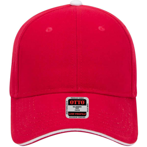 A red 6 panel low profile baseball cap with a curved brim and a logo on the front.