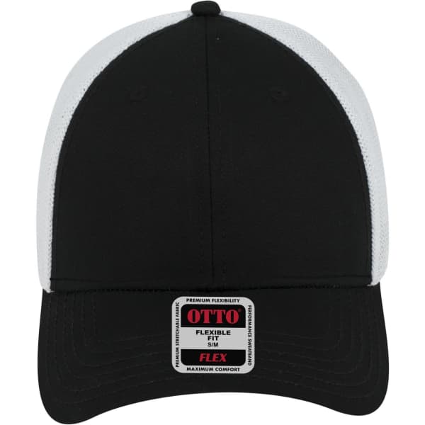 A black and white 6 panel low profile trucker cap featuring a logo on the front.