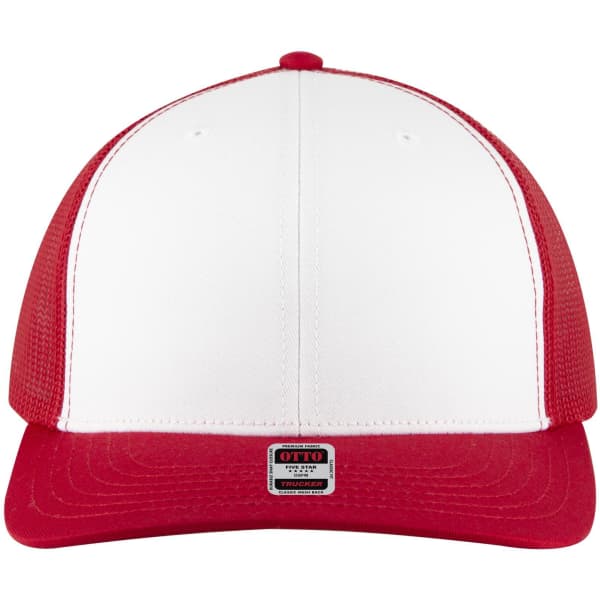 A red and white 6 panel mid profile trucker cap featuring a logo on the front.