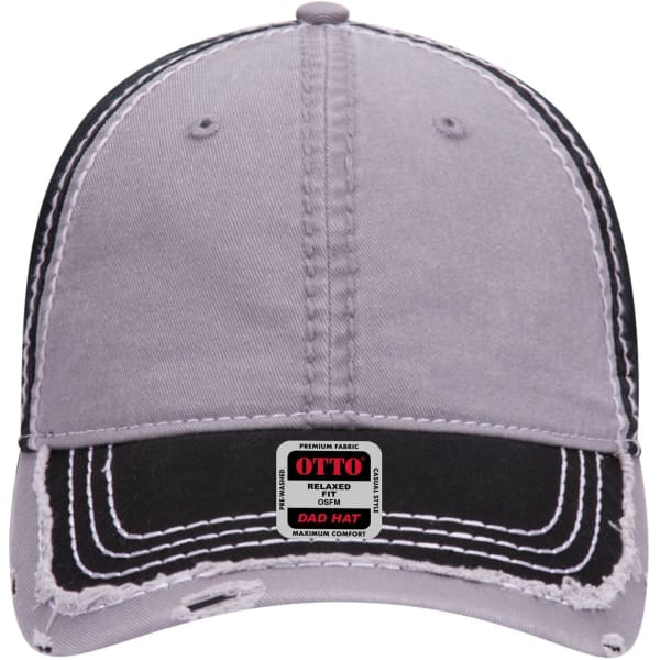 A low profile six-panel dad cap with a grey and black colour scheme and a visible logo on the front.