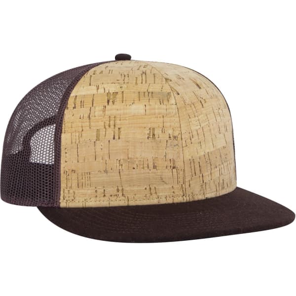 A cork and brown trucker cap with a mid-profile and mesh back, featuring a logo on the front.
