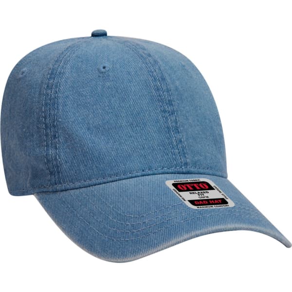 A light blue 6-panel low profile dad cap featuring a branded label.