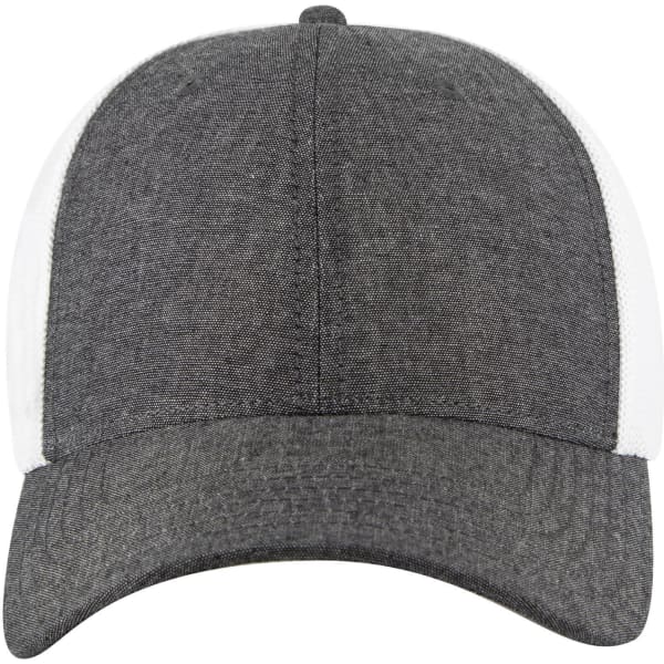 A baseball cap featuring a grey front and white mesh back, with a low profile and a six-panel design.