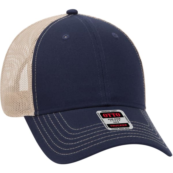 A navy blue and beige 6 panel low profile trucker cap with a mesh backing and a logo on the front.