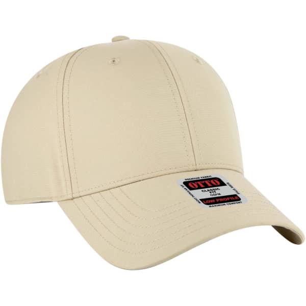 A beige low profile six-panel baseball cap with a logo on the front.