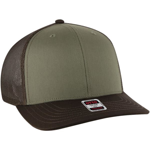A mid-profile trucker cap in olive green with a brown visor and mesh sides, featuring a logo on the front.