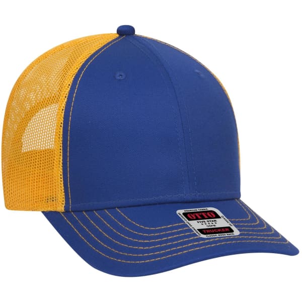 A blue and yellow 6 panel low profile trucker cap featuring mesh sides and a logo on the front.
